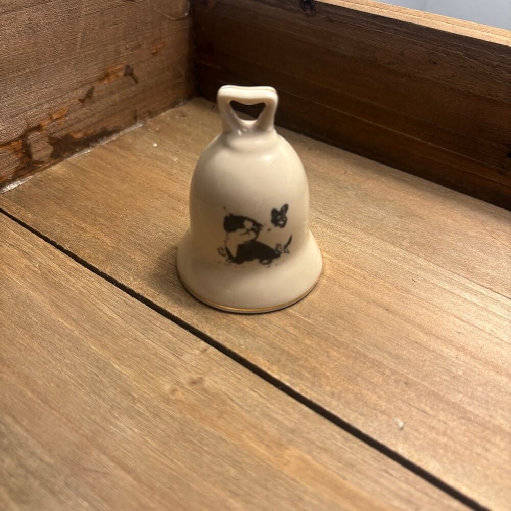 Vintage Small World Greetings Porcelain Bell Kitten Print Made in Japan
